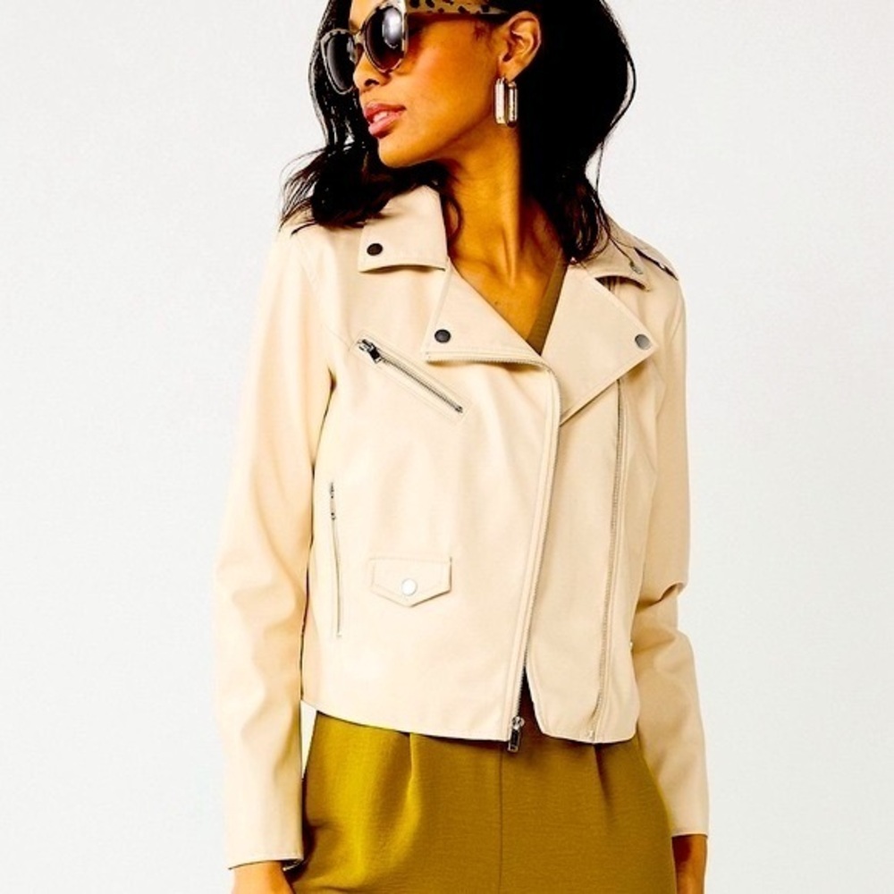 Nine West Cream Vegan Leather Moto Biker Jacket